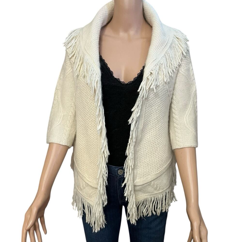 Anthropologie Sleeping On Snow Fringe Cable Knit Cardigan XS Cream Wool Blend